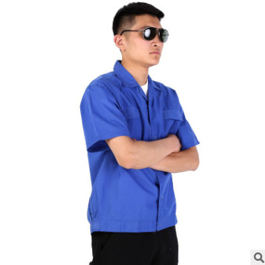 廠家直銷(xiāo)夏季短袖工作服 定做舒適透氣廠服汽修服 淺藍(lán)勞保工裝